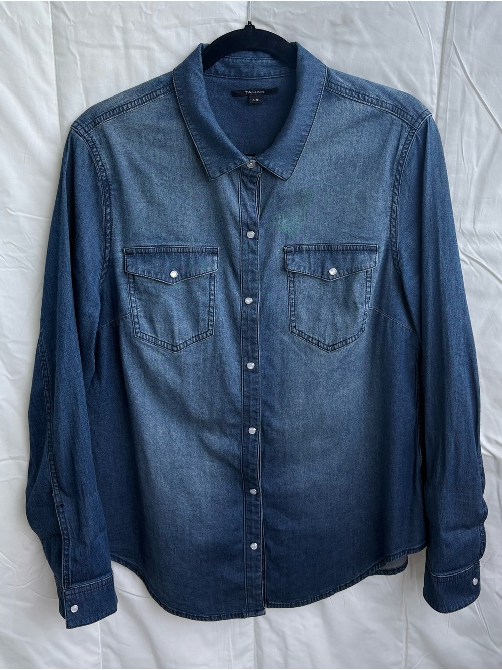 Tahari Blue Denim Shirt - Women's Long Sleeve Western Button-Up, Size L.